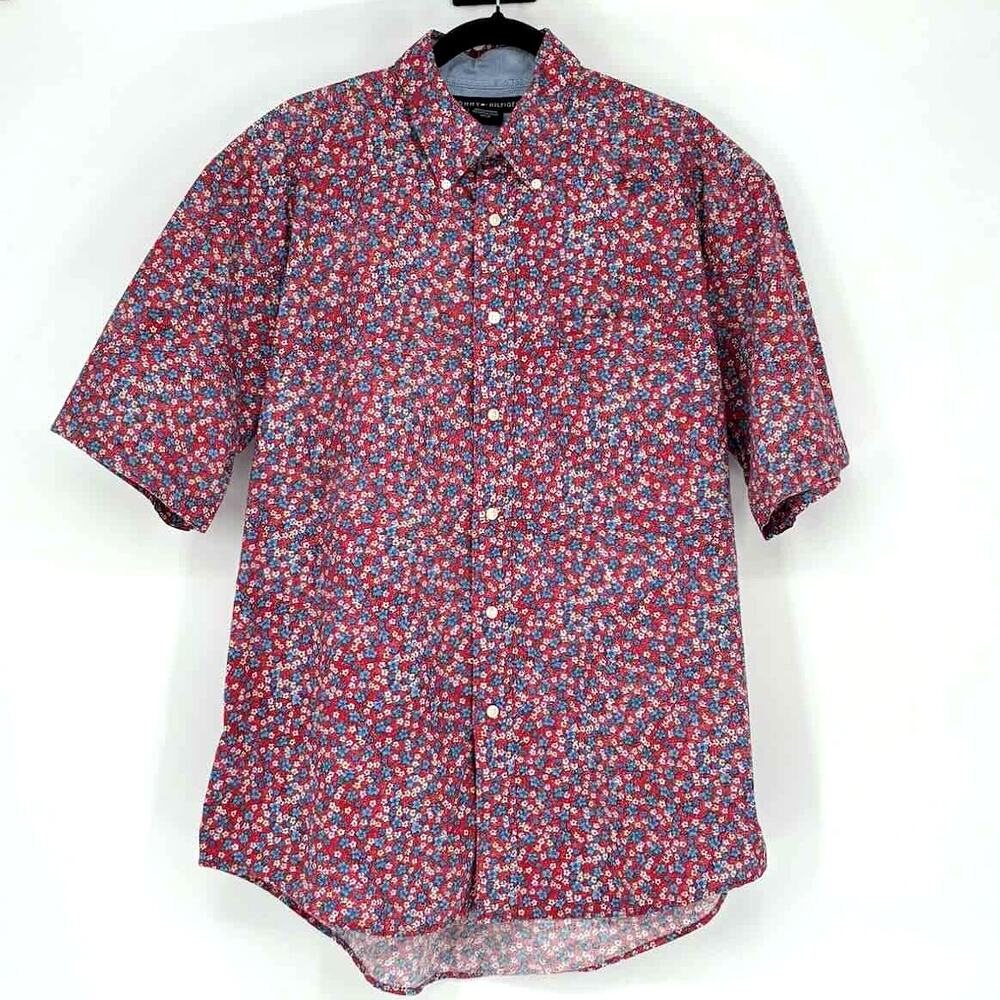 Tommy Hilfiger Red & Blue Floral Print Short Sleeve Button Up Shirt - Size L